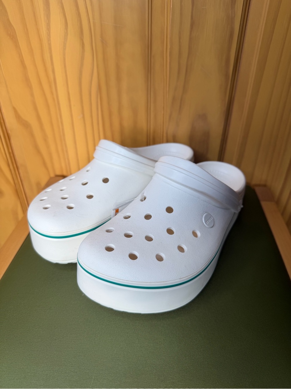 CROCS White Platform Clogs with Teal Stripe